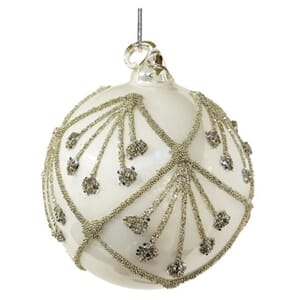 Shishi Julekule perlehvit med gull/sølv glitterdekor 8cm